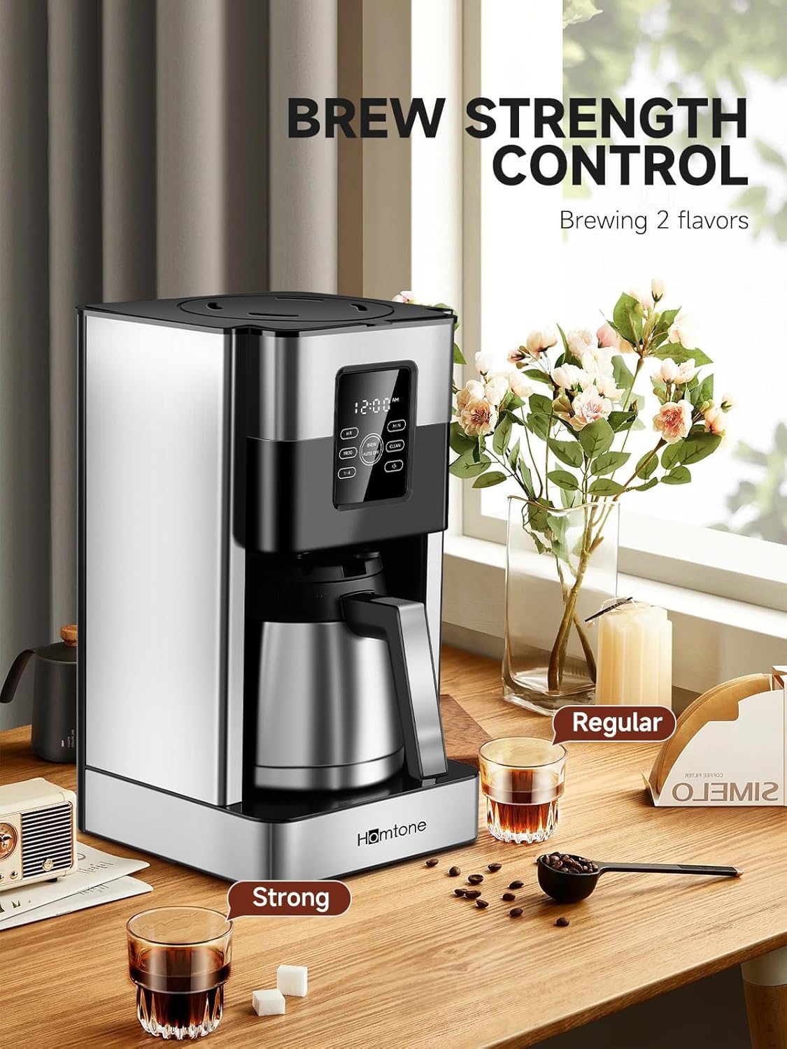 Homtone coffee machine on a wooden counter with two cups of coffee, one labeled 'Regular' and the other 'Strong', demonstrating the brew strength control feature.