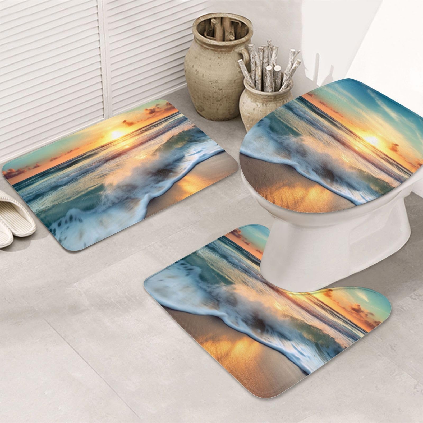 Lot de 3 tapis de bain en flanelle antidérapant absorbant avec contour WC