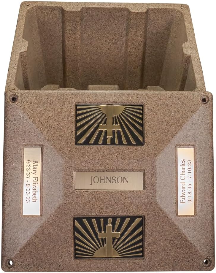 Tyton Sandstone Double Urn Vault - Cross & Ray, Urn Vault for Ground Burial, Holds Two Adult Cremation Urns for Human Ashes, Durable and Secure for Cemetery Burial