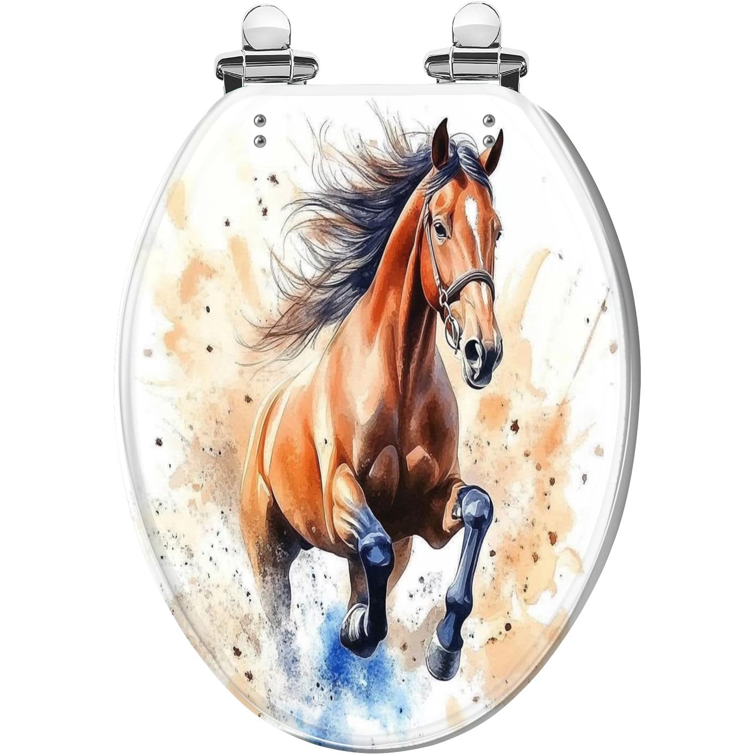 Elongated Toilet Seat Horse watercolor style white splash Running watercolor brown horse Resin Toilet Seat Quietly Close Quick Release Hinges Decorative Toilet Seat with Cover Easy to Install