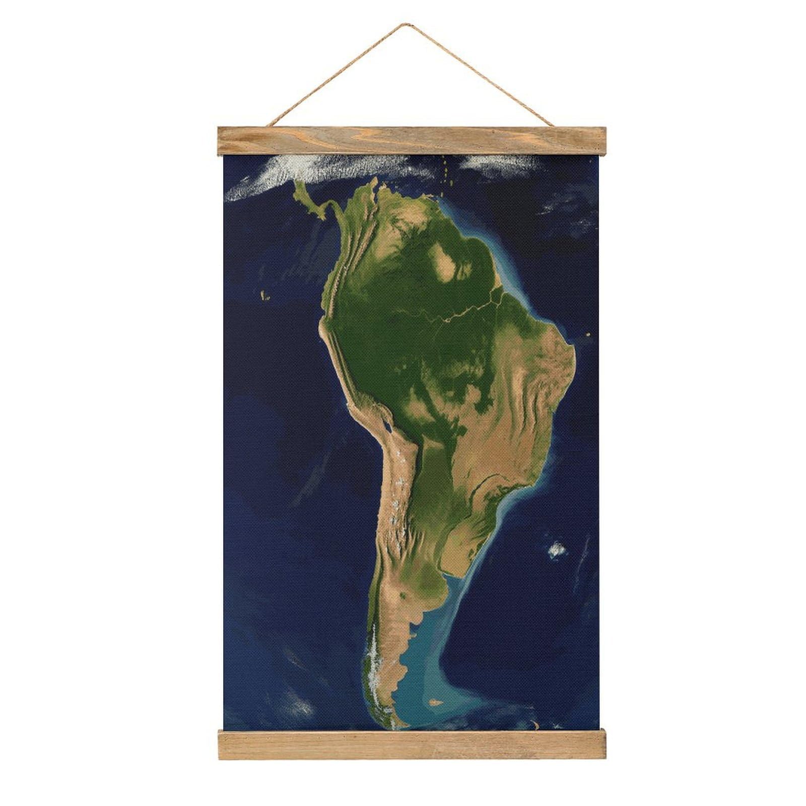 FekiLoot South America Satellite Image Linen Hanging Painting Vintage Poster Hanger Frame Wall Decor Art Painting Printed on Linen Without Fading Living Room Office Bedroom Playroom Apartment Decor