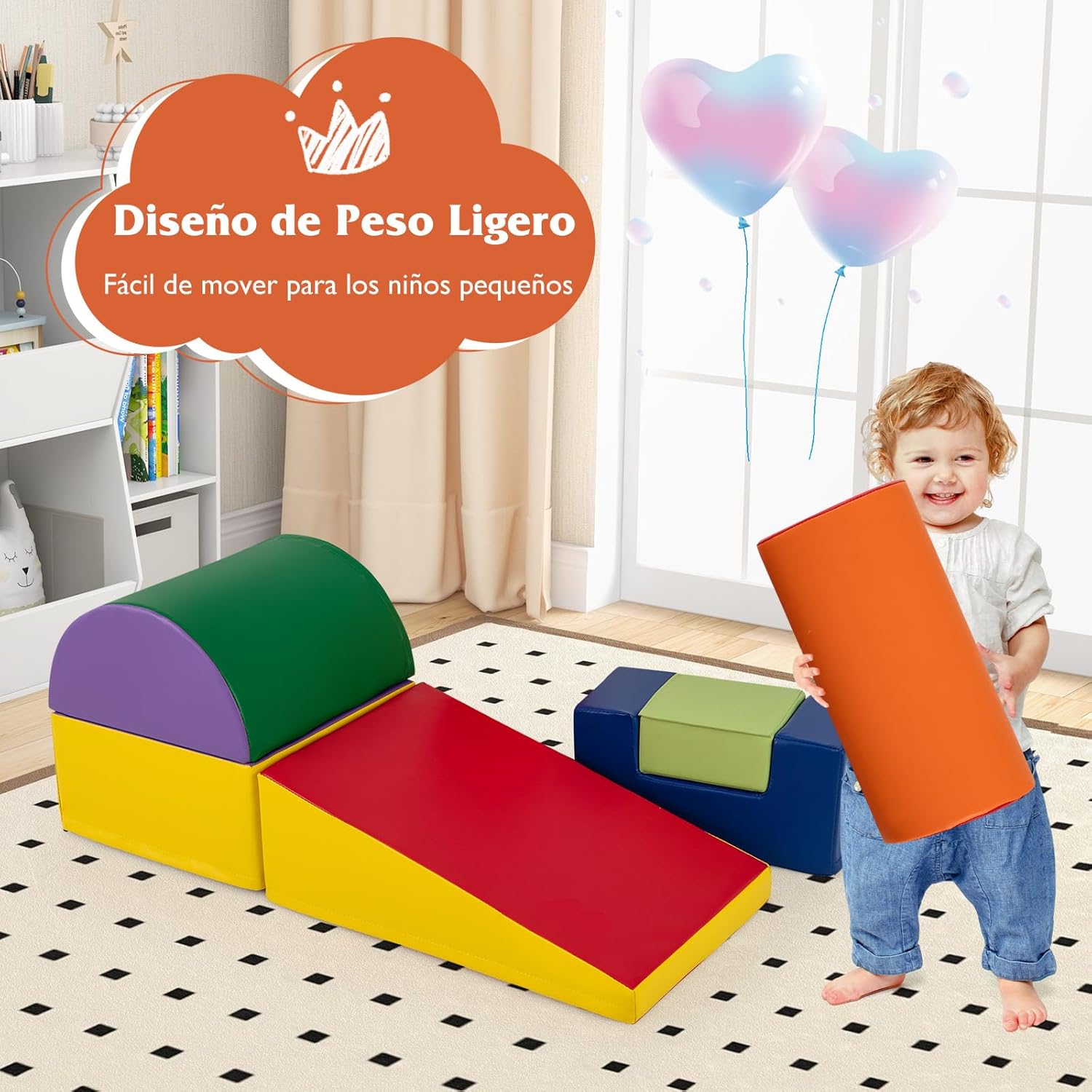 COSTWAY Set of 6 Large Foam Blocks, Learning Toy Set for 1-3 Year Old Kids with Rectangles, Cylinder, Crescent, Wedge, Concave with PU Cover (Red+Violet)