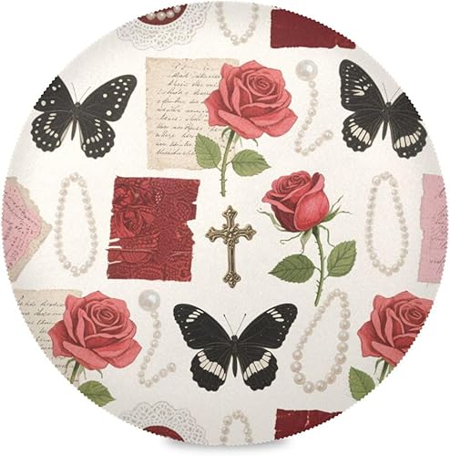 Red Romantic Rose Flowers Round placemats Farmhouse Cloth Reversible Quilted placemat individuales para mesa de comedor Redondo 15.4x15.4in Set of 6