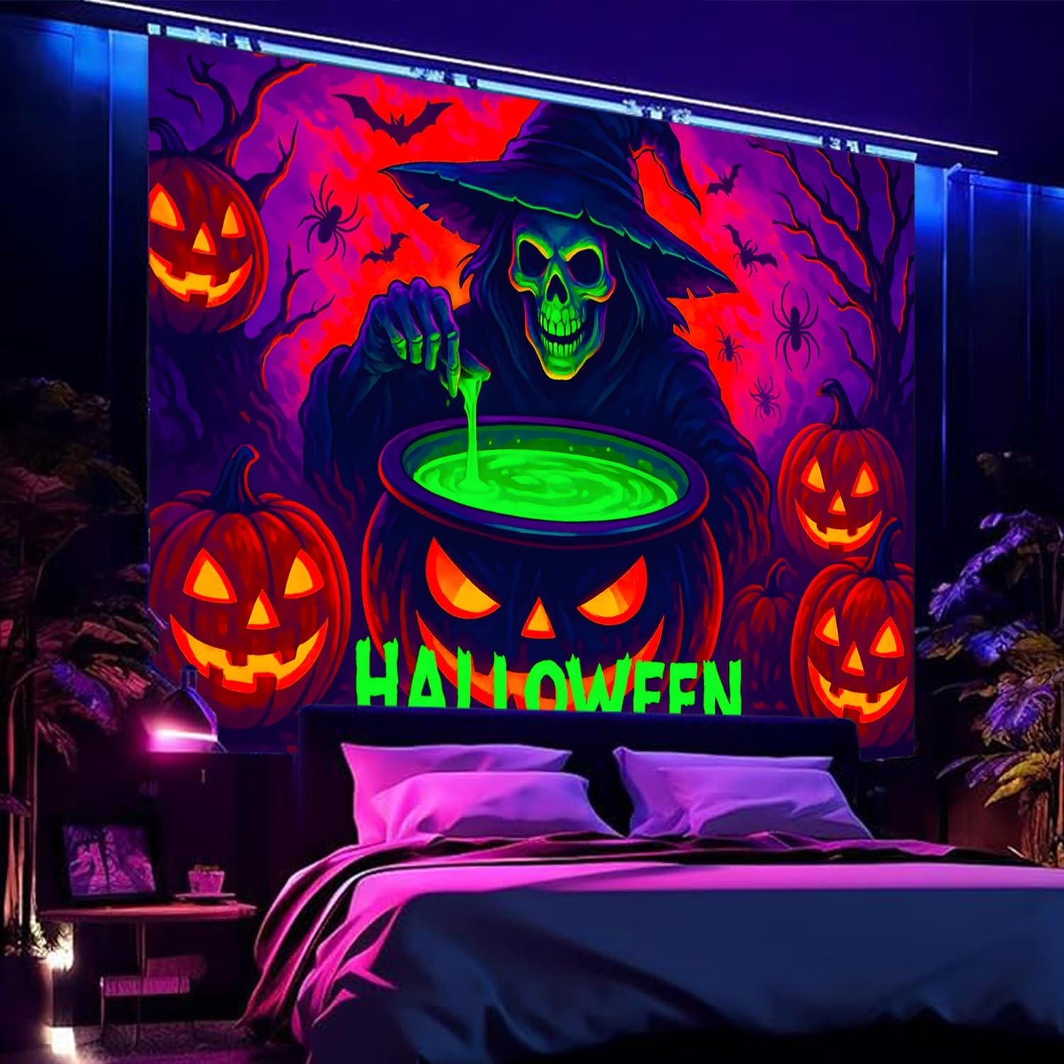 BSFHH Black Light Tapestry – UV Reactive Glow in the Dark Wall Hanging, Spooky Night Scene with Ghosts & Pumpkins, Haunting Home Decor for Parties, Bedroom, or Dorm (Soup, 90L x 70W, Unframed)