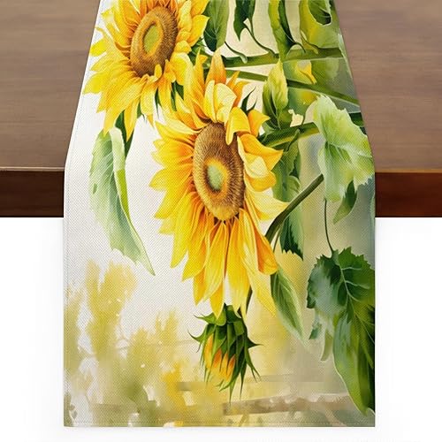 Miniatura 1 de Table Runner Sunny Sunflower, Autumn Rustic Linen Table Cloth Kitchen Dining Table Decor for Home Party 13 x 72 Inches