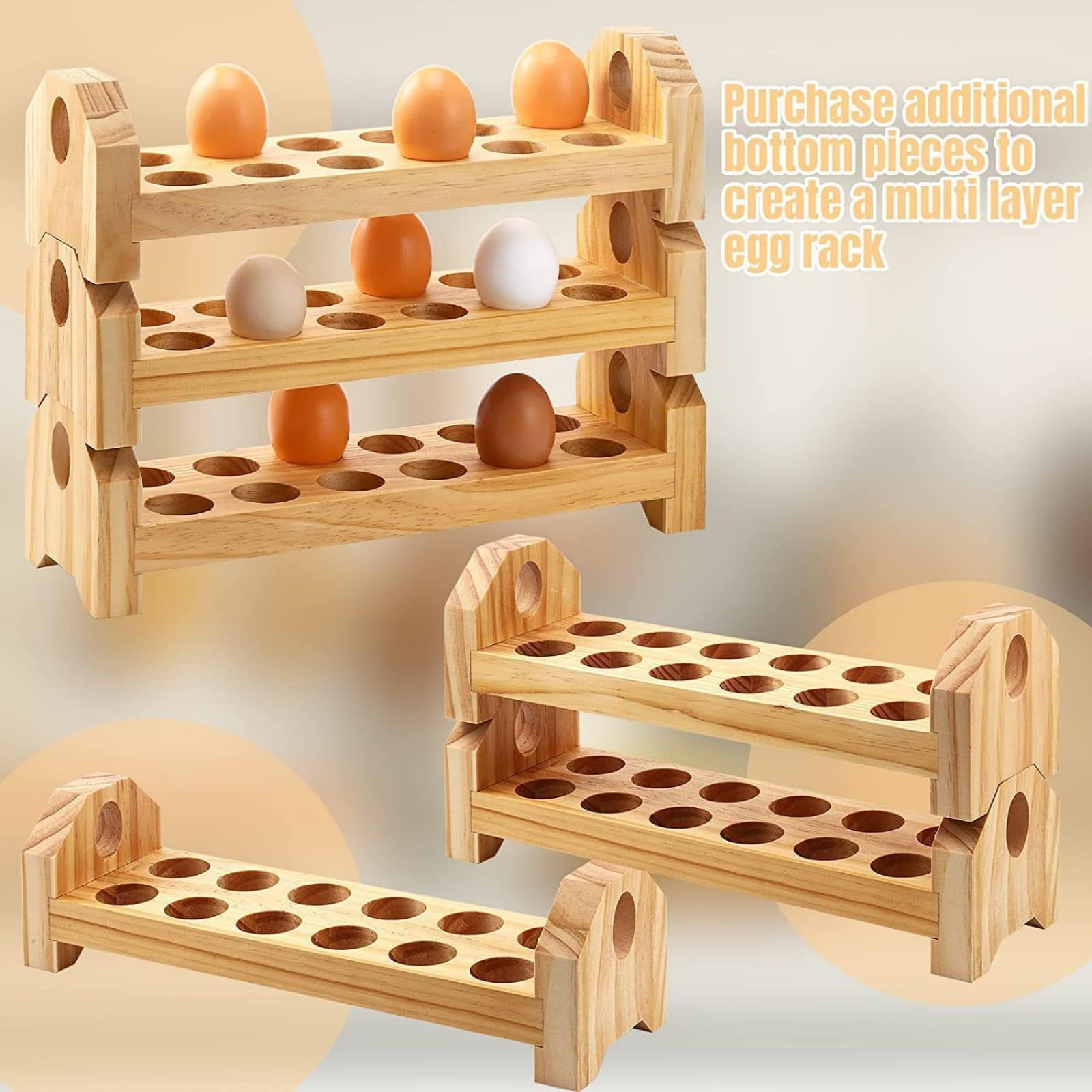 Soporte de madera de 3 capas para exhibición de huevos para encimera de cocina, ahorro de espacio, estante de almacenamiento de huevos de escritorio