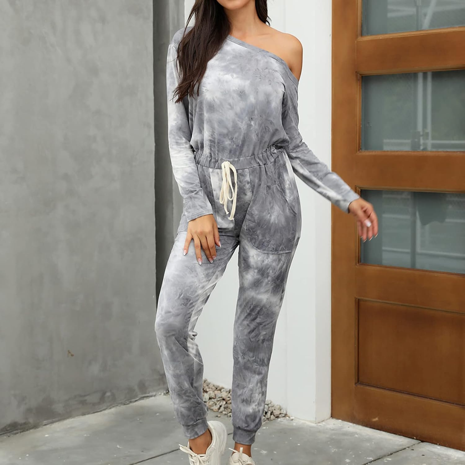 Lu's Chic Women's Long Sleeve Jumpsuit Tie Dye Off One Shoulder Casual Cotton Belted Rompers