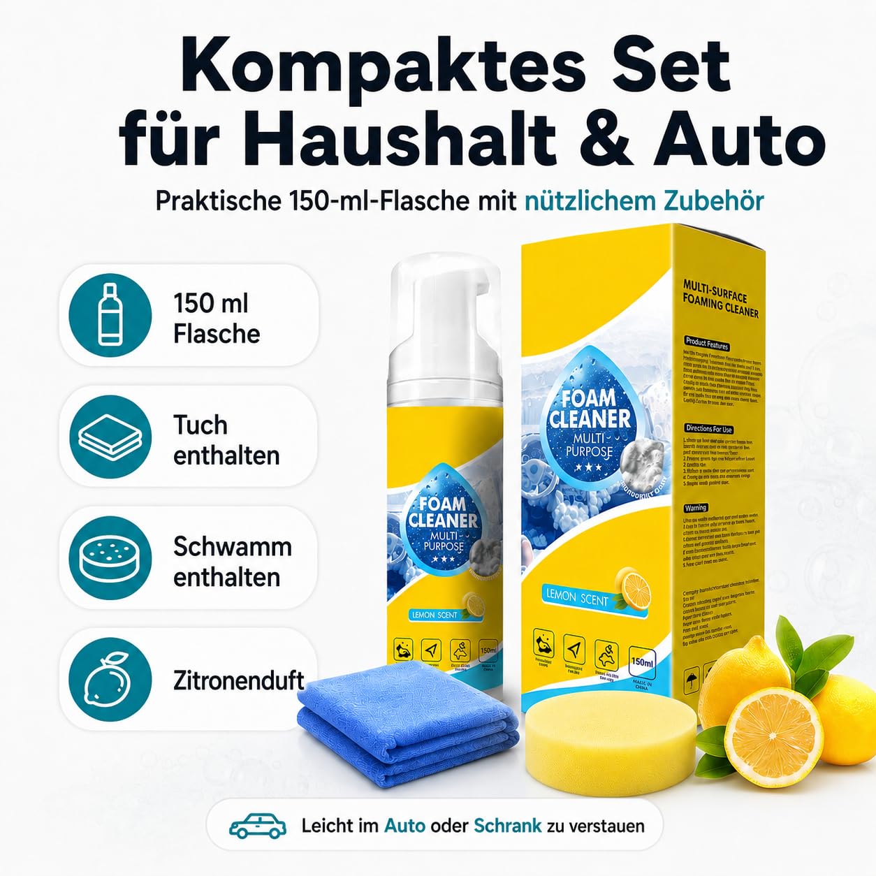 4-in-1 Mehrzweck-Schaumreiniger Spray, 150 ml / 5 fl oz, Reinigungsschaum zum Sprühen und Abwischen für Autoinnenraum, Küchenoberflächen, Badezimmerfliesen und Polster (2)