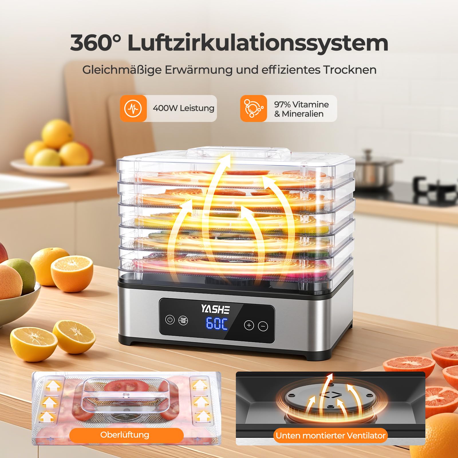 YASHE Dörrautomat, 5 Edelstahl-Dörrgitter, Einstellbarer Timer & Temperatur, 360° Luftzirkulation, BPA-frei, 400W Dörrgerät für Jerky, Früchte, Kräuter, Hundesnacks