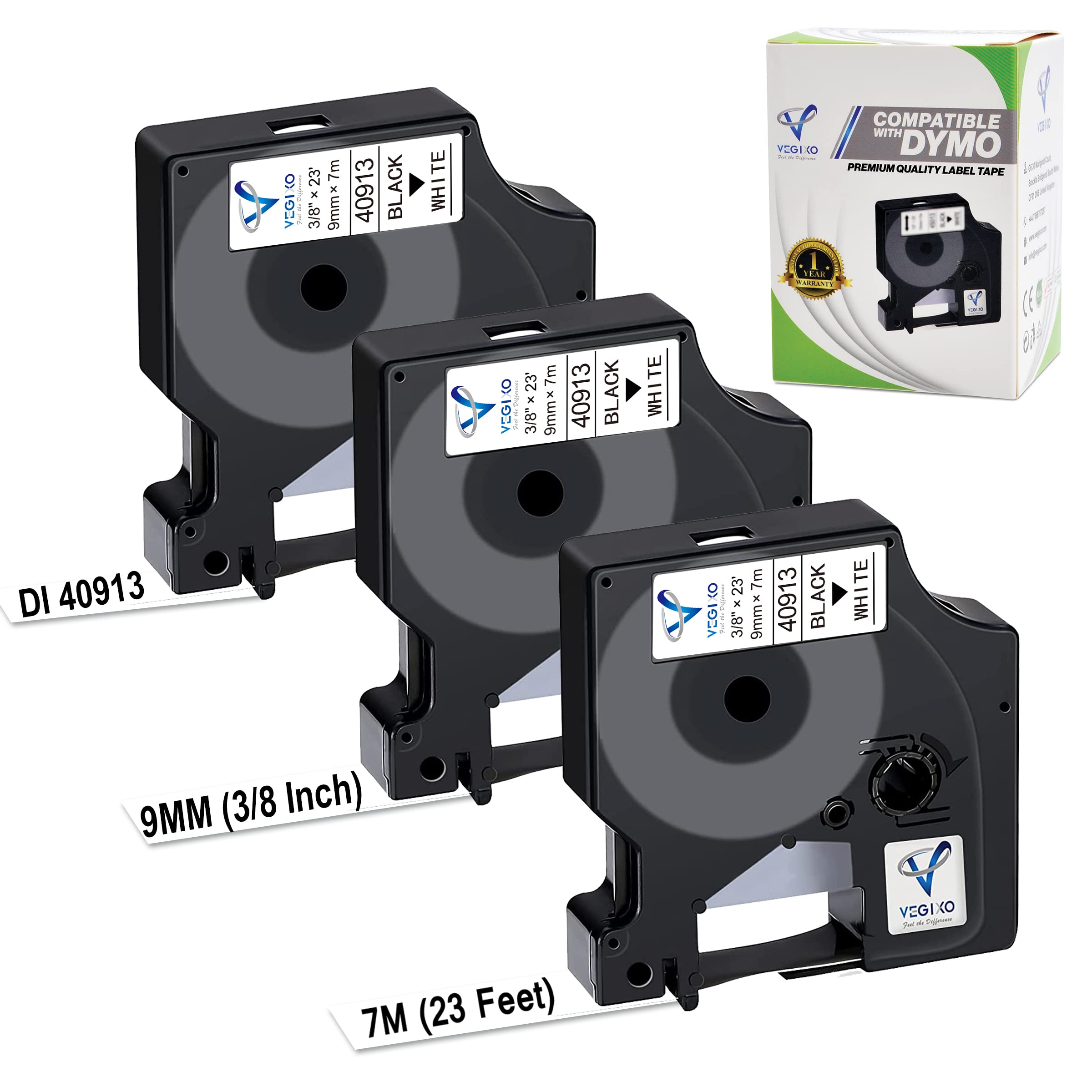 9mm X 7m - Black on White D1 Label Tape Pack of 3 - Replacement for 40913 S0720680 Dymo ‎Label Printer Tape, Compatible with Dymo Label Maker 160, 210D, Label Writer 450D, 500TS.