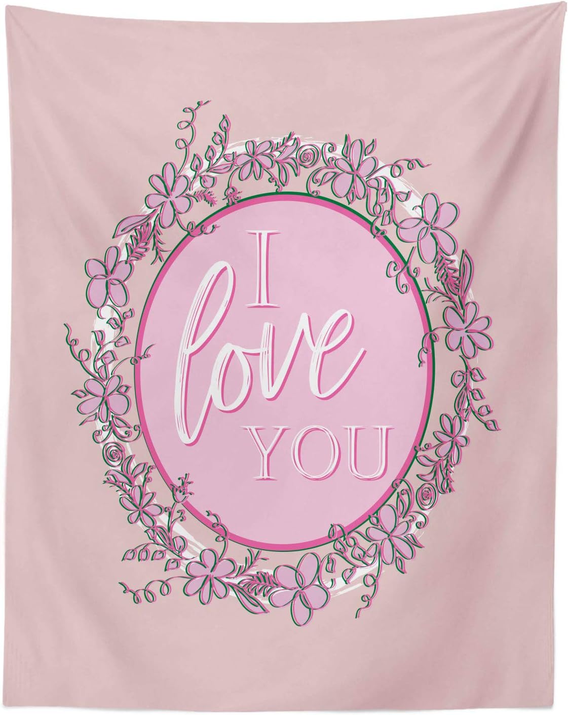 Lunarable I Love You Tapestry King Size, Valentine's Day Romantic Words in Floral Round Frame, Wall Hanging Bedspread Bed Cover Wall Decor, 30" X 45", Pale Pink Purple