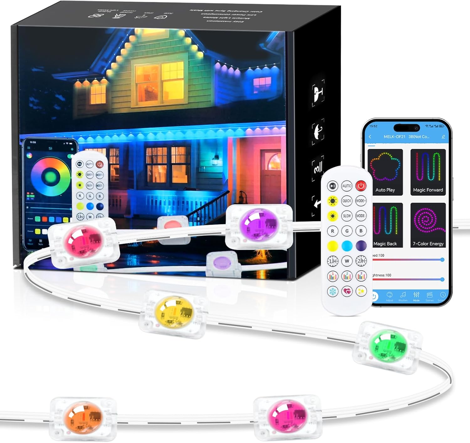 KISUFU 100FT Permanent Outdoor Lights for House, 24V Smart Outside Lights with 221 Modes, App & Remote Control, IP68 Waterproof, Year-Round Roof & Eaves Lighting for Valentine, Holidays (100FT)