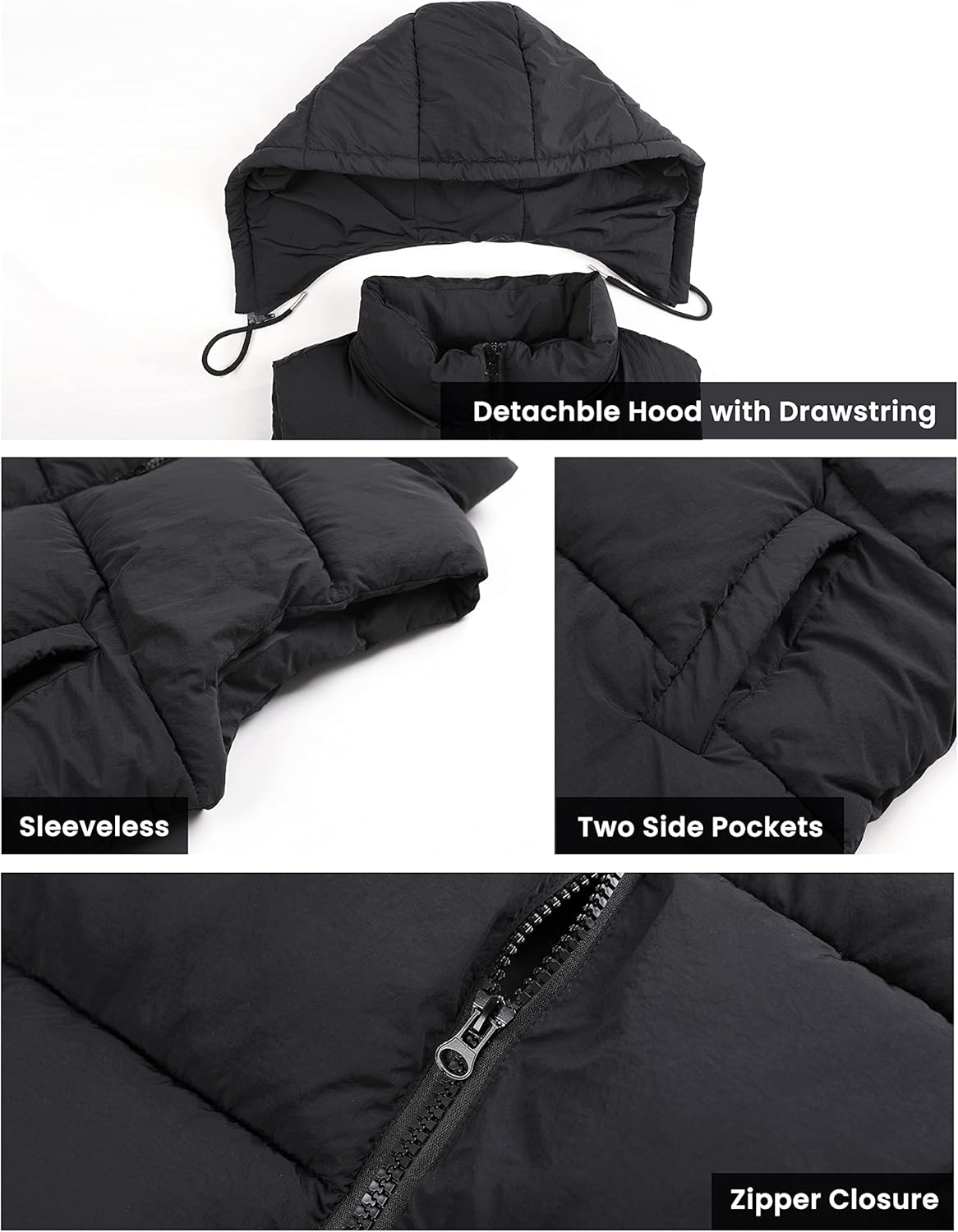 EsheSy Women's Puffer Vest with Removable Hood Sleeveless Full Zip Quilted Down Jacket