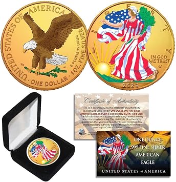 Combo 24K Gold Gilded/Color 2022 American Silver Eagle 1 Oz .999 Coin w/Box