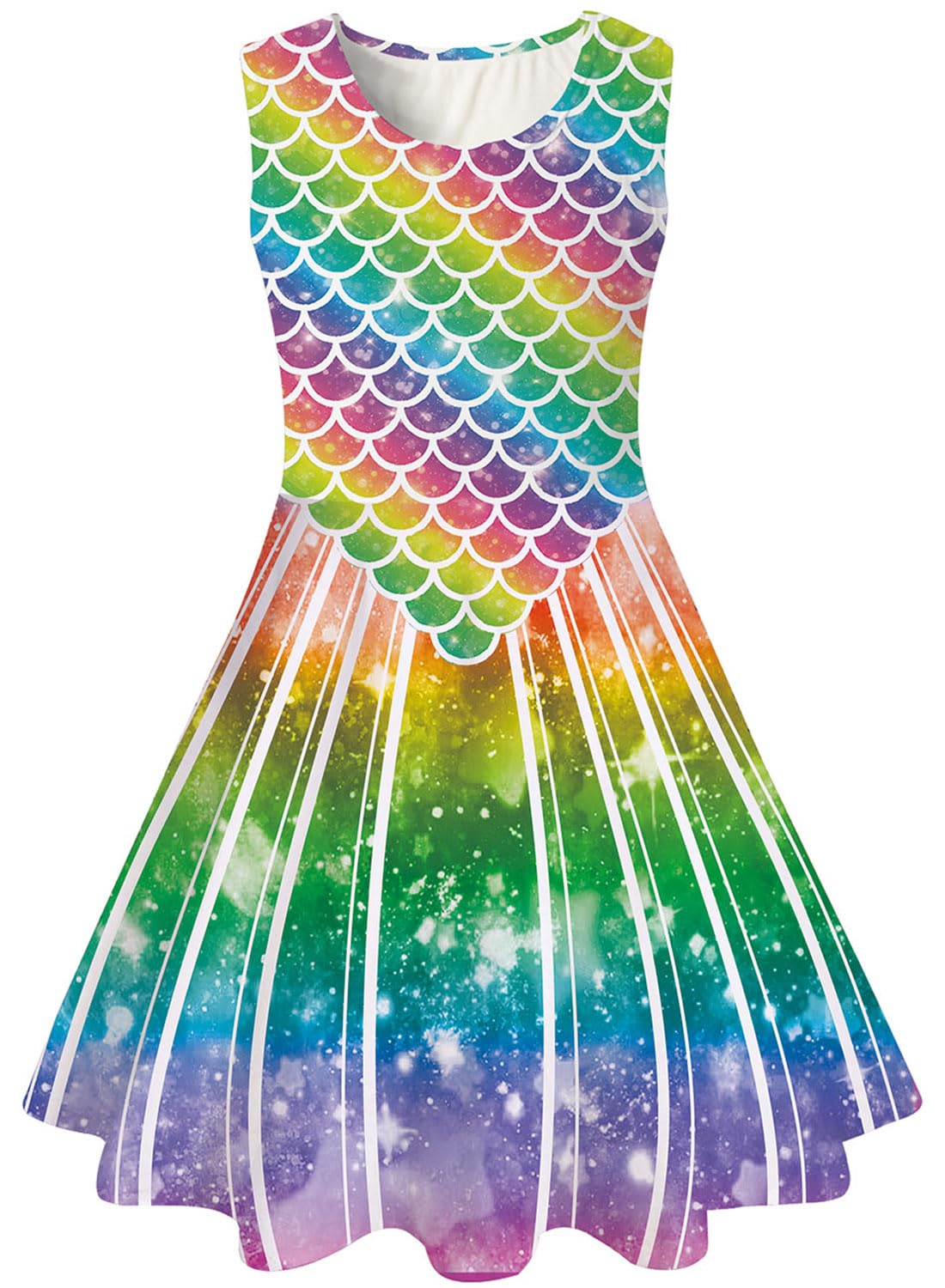 kids4ever Mädchen Kleid Ärmellos Sommerkleid Rundhals A-Linie Swing Kleid Meerjungfrau Galaxie Prinzessin Party Geburtstag 4-12 Jahre