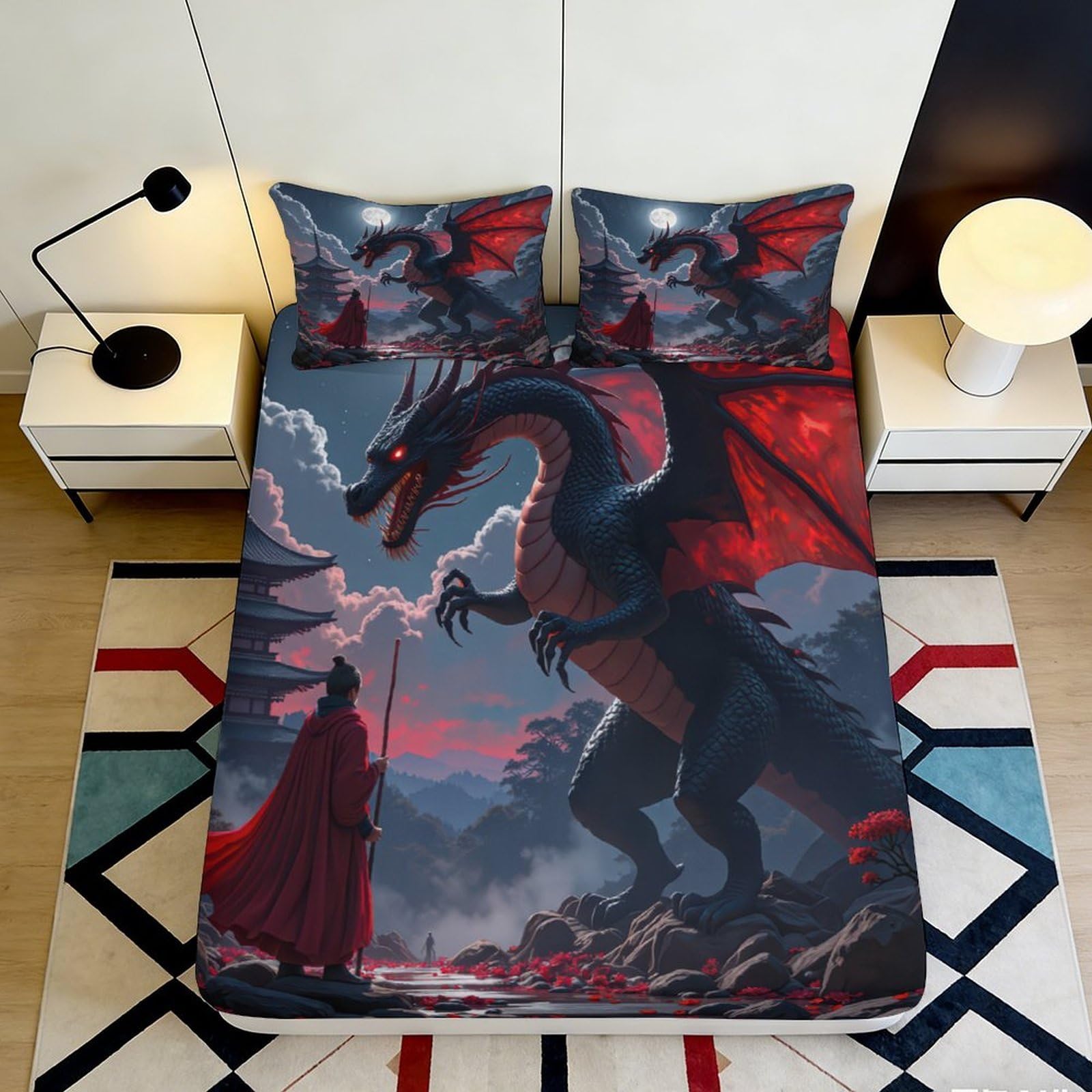 Uynsixtme Style-2 3D Printed Dragon Pattern Fitted Sheet Microfiber Deep Pocket Non-Slip Bedding Dragon Mattress Fitted Cover Washable For Bedroom 140X200x25cm