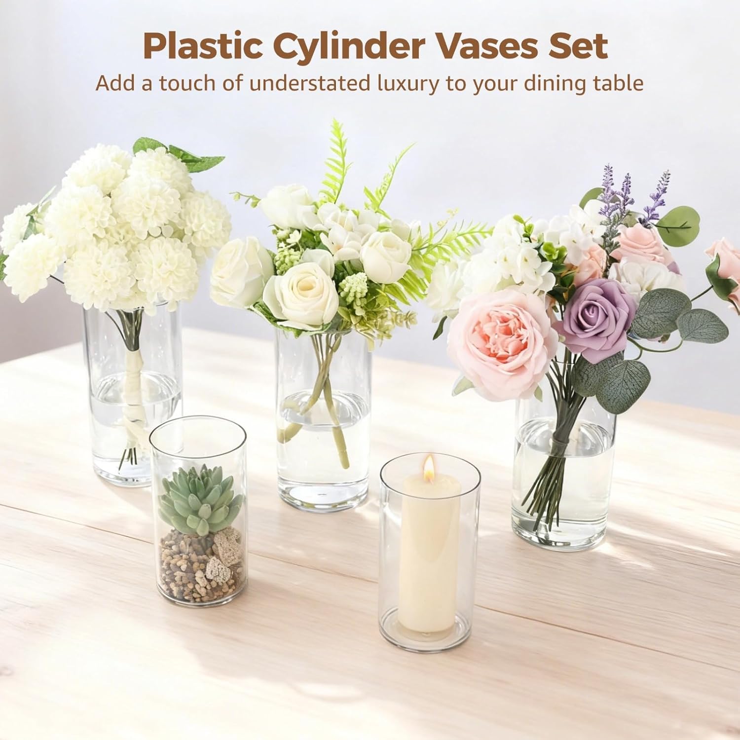 36PCS Cylinder Vases Set, Plastic Vases for Centerpieces, 4''/6''/8'' Clear Candle Vases, Bulk Versatile Hurricane Candle Holder for Wedding Centerpieces, Party Table Home Decorations (36)