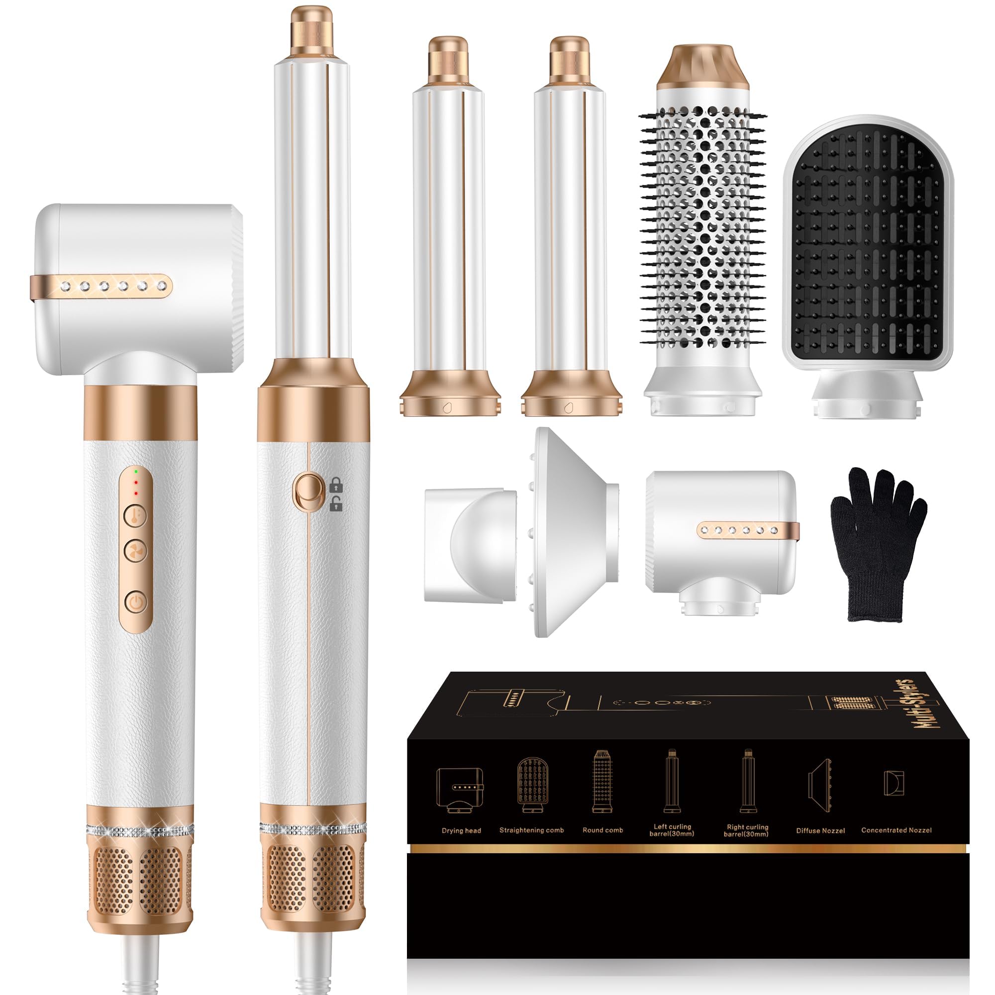 7 in ONE Hair Dryer Brush, Powerful Blow Dryer Brush with Air Curler for Hair, Brush Blow Dryer with Diffuser, Ionic Hot Air Brush Fast Dry, Volumize, Curls, Straight, Hair Styling Tools 100-120V Light White