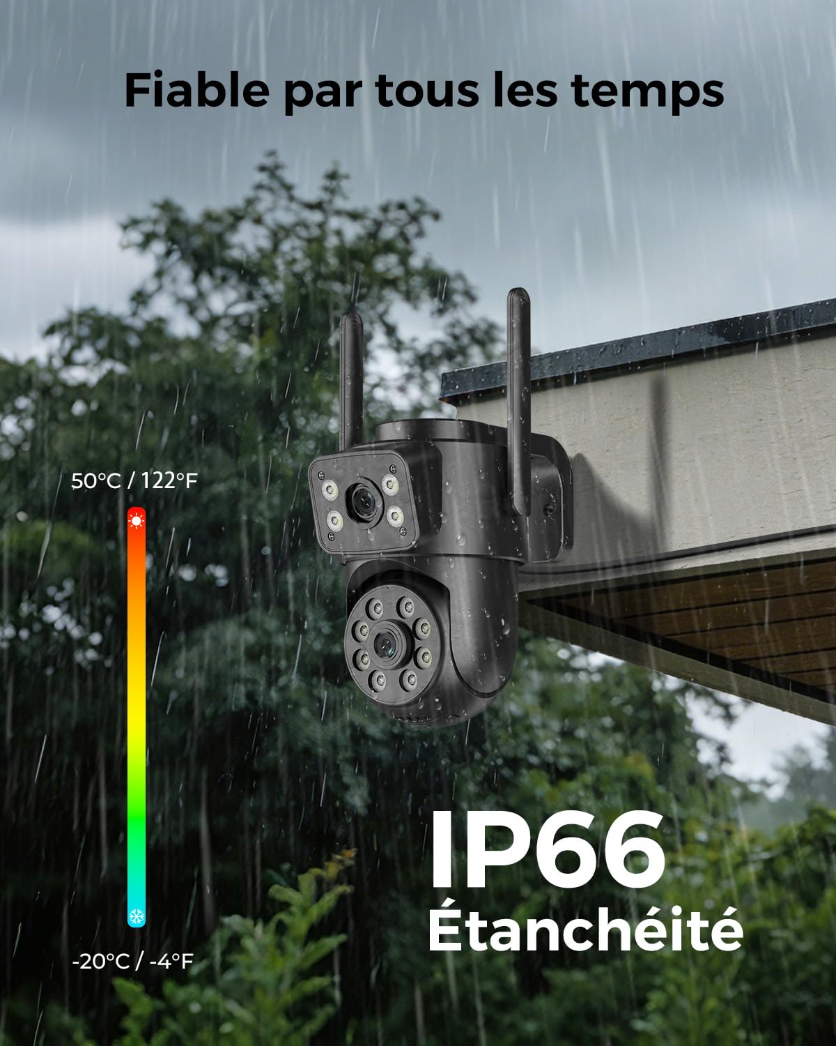 Reobiux 2K Camera Surveillance WiFi Exterieure avec Double Objectif, 2.4/5GHz Caméra Extérieur avec Vision Nocturne Couleur, Détection de Mouvement, Audio Bidirectionnel, Stockage SD/Cloud, IP66