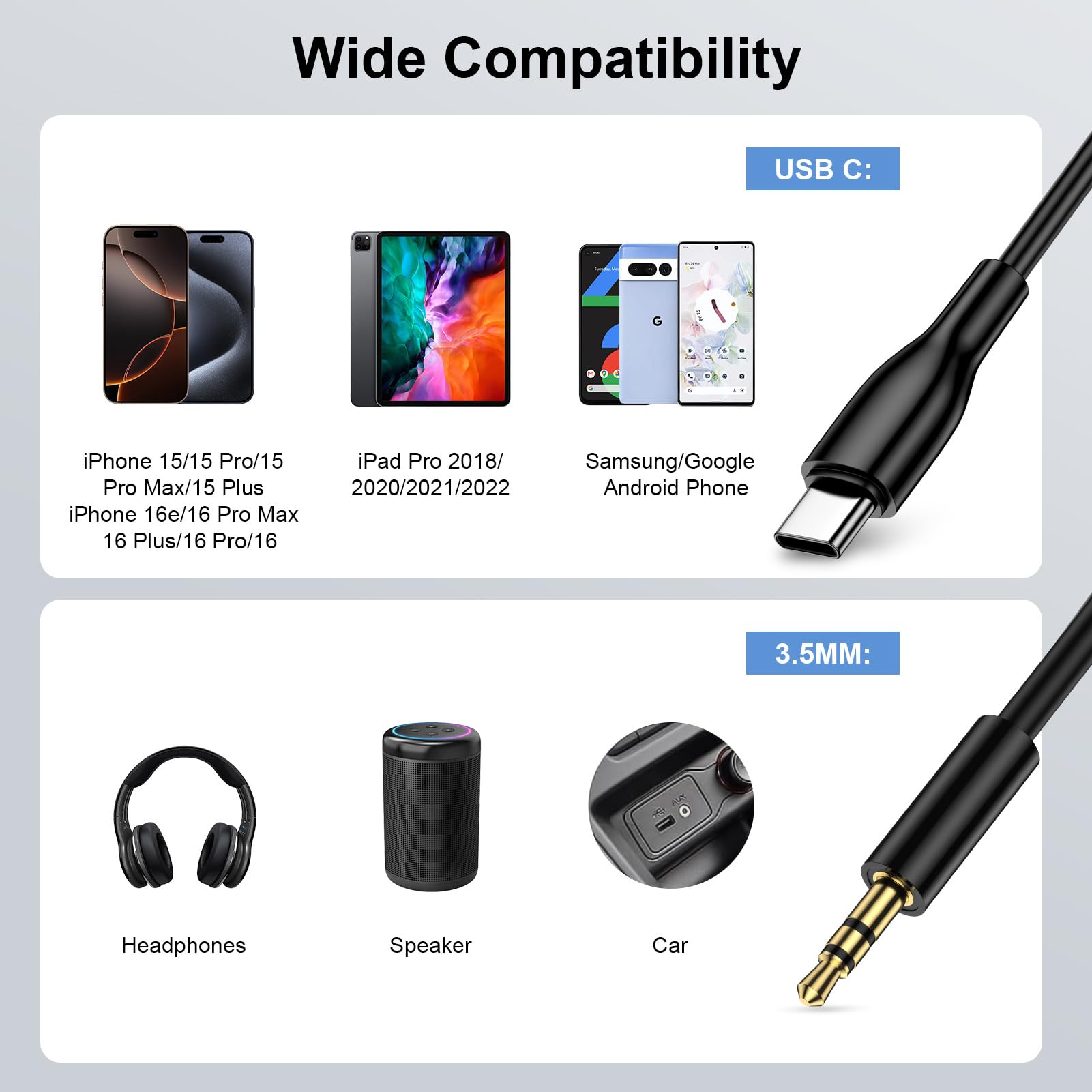 Câble adaptateur auxiliaire vers USB C 3,5 mm pour Samsung Galaxy S25 Ultra A16 A15 A54 A14 S24 S23 S22 S21 S20 - 0,9 m - Type C vers casque mâle - Câble auxiliaire de voiture stéréo Hi-Fi pour iPhone