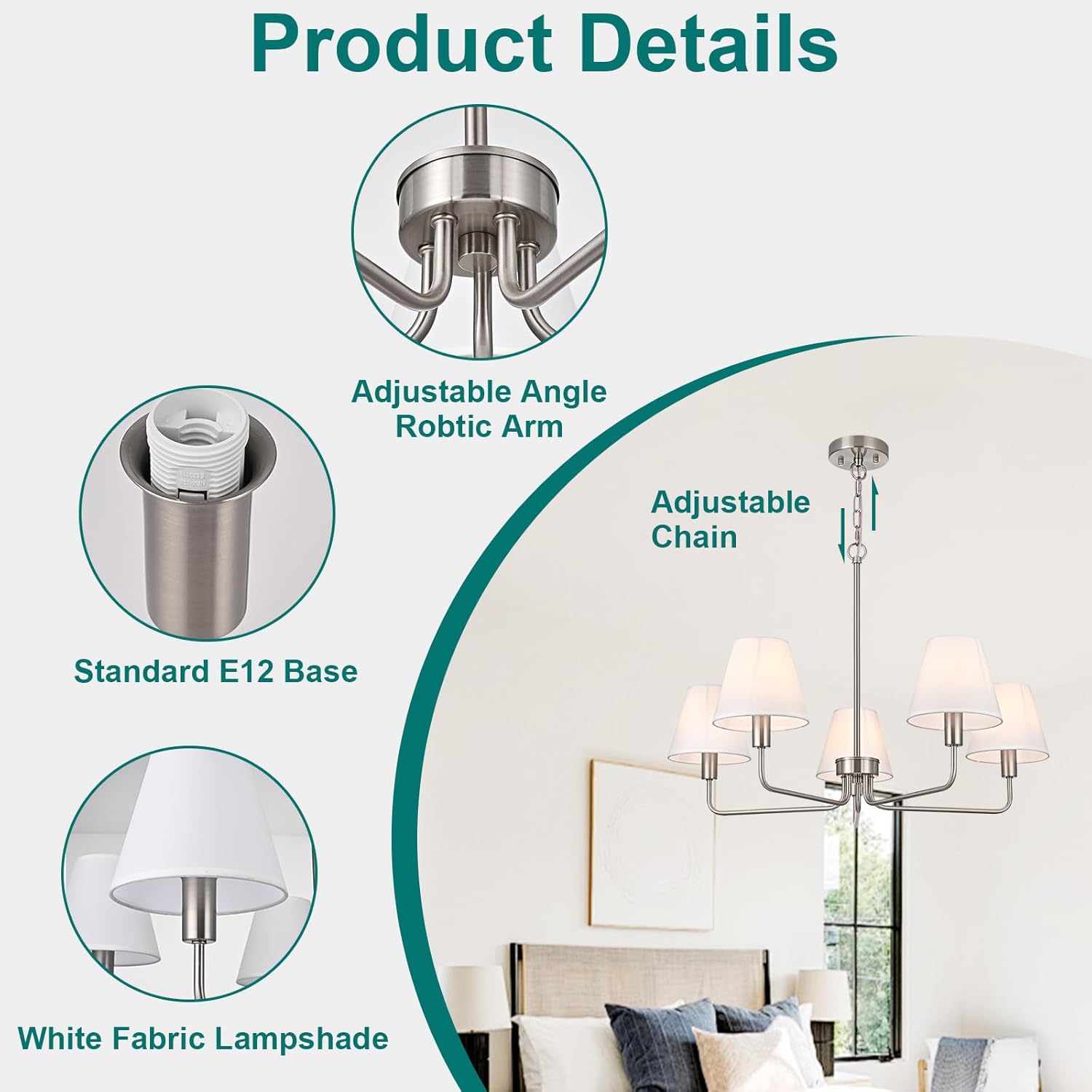 Brushed Nickel Chandeliers for Dining Room,5 Lights Modern Dining Room Light Fixtures Over Table,Height Adjustable Farmhouse Chandelier with White Fabric Shade for Kitchen Island,Living Room