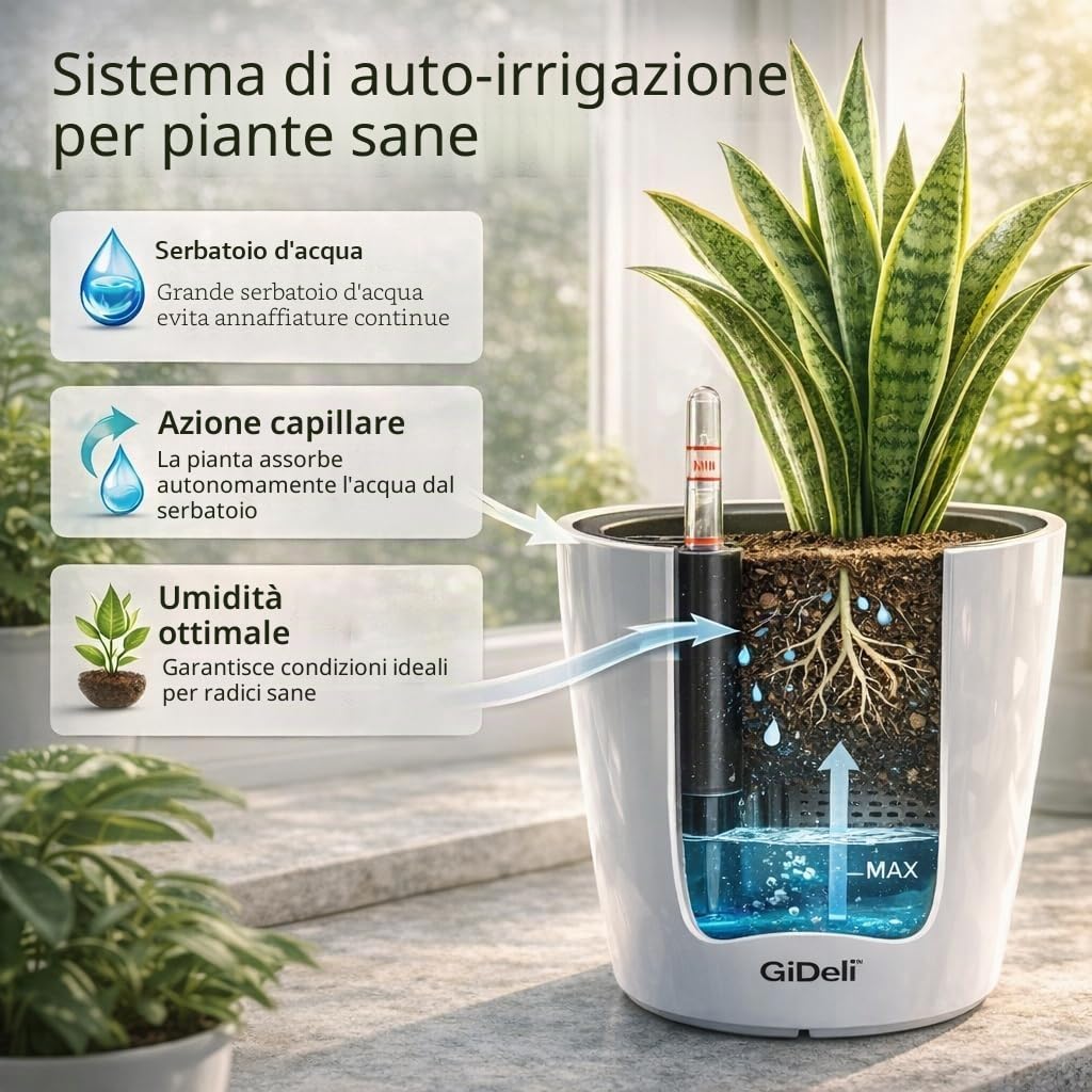 GiDeli Vaso autoirrigante - Vaso con sistema di auto-irrigazione con indicatore del livello dell'acqua - Vasi da fiori che proteggono da traboccamenti e decomposizione - Vaso per piante che fa