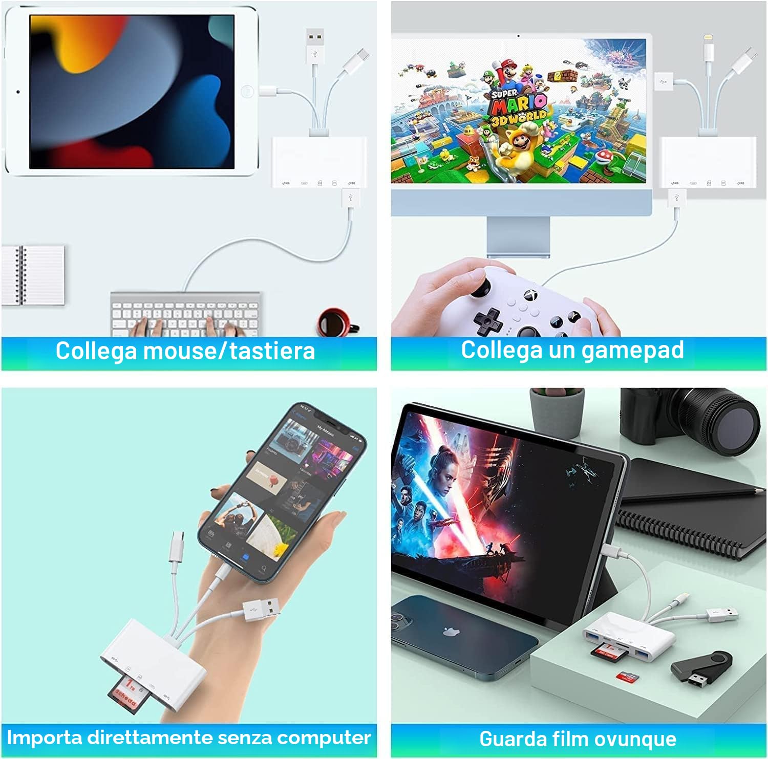 Lettore di schede SD TF 5 in 1 per iPhone/iPad/Android/Mac Book/Computer/Tablet/Camera, adattatore USB OTG USB C e USB A con slot per schede Micro SD e SD, supporta SD/Micro SD/SDHC/SDXC/MMC