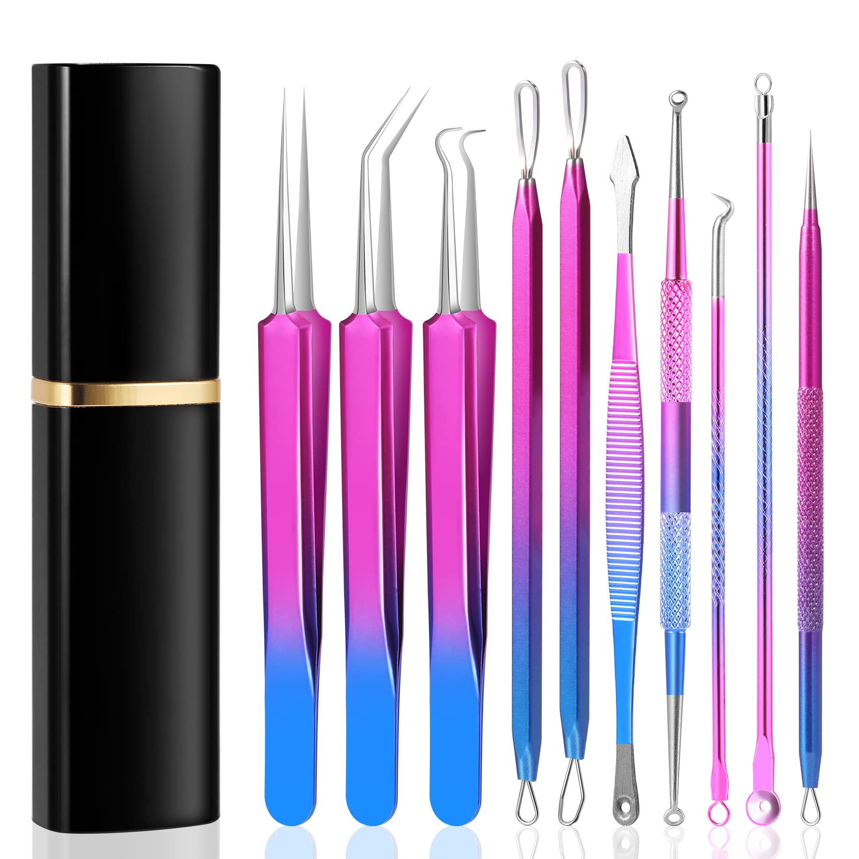 keilend 10 Pcs Blackhead Remover Kit , Removing Spot Extractor Tools for Blemish, Acne , Whitehead on Nose, Facial & Forehead , Stainless Steel Pimple Popping Kit with Carrying Case ( Pink-Blue)