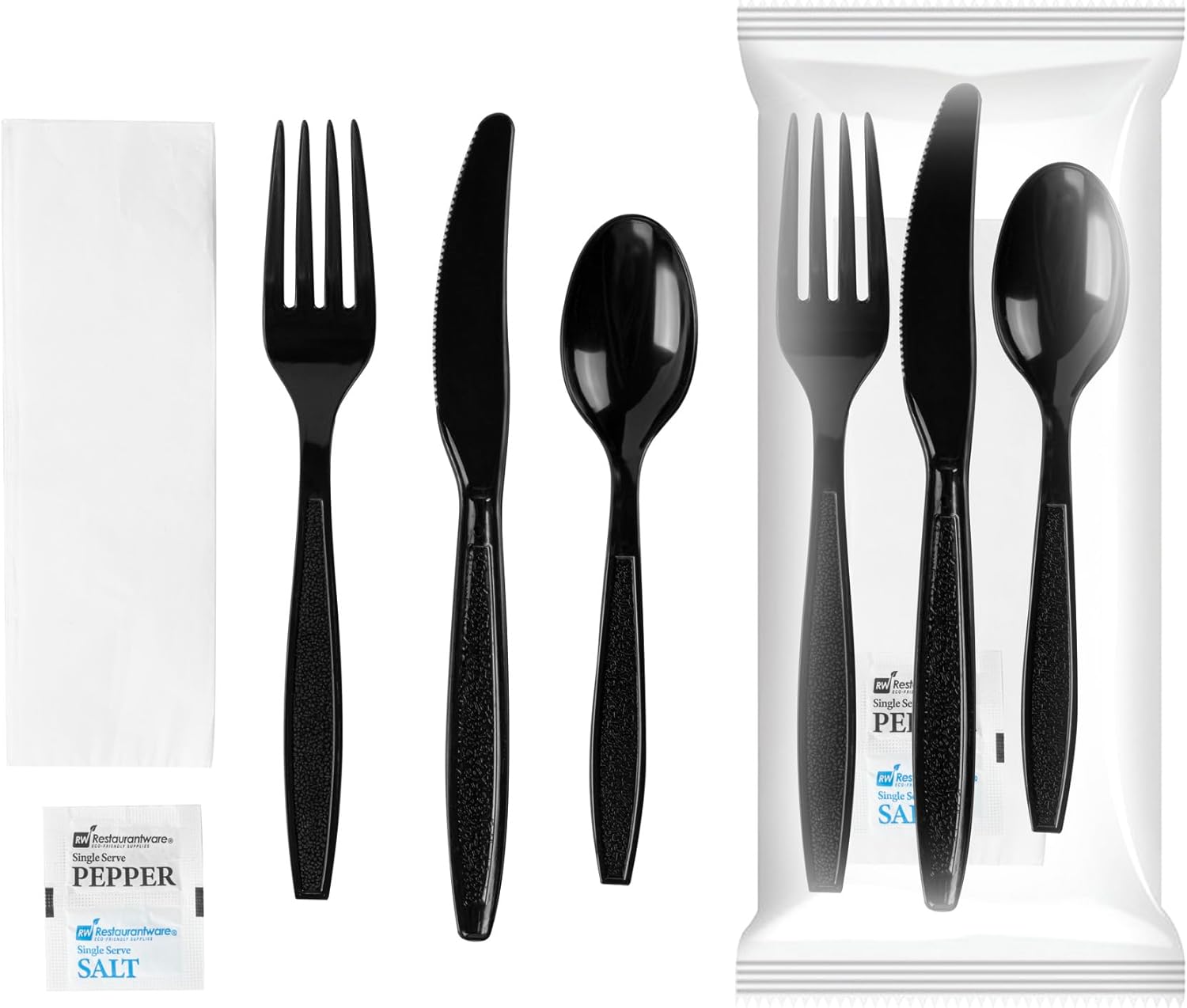 Restaurantware Utensil Kit 250 Pack of Plastic Cutlery Set Individually Wrapped Knife Fork Spoon Set with Napkin And Condiments For Take Out Catering