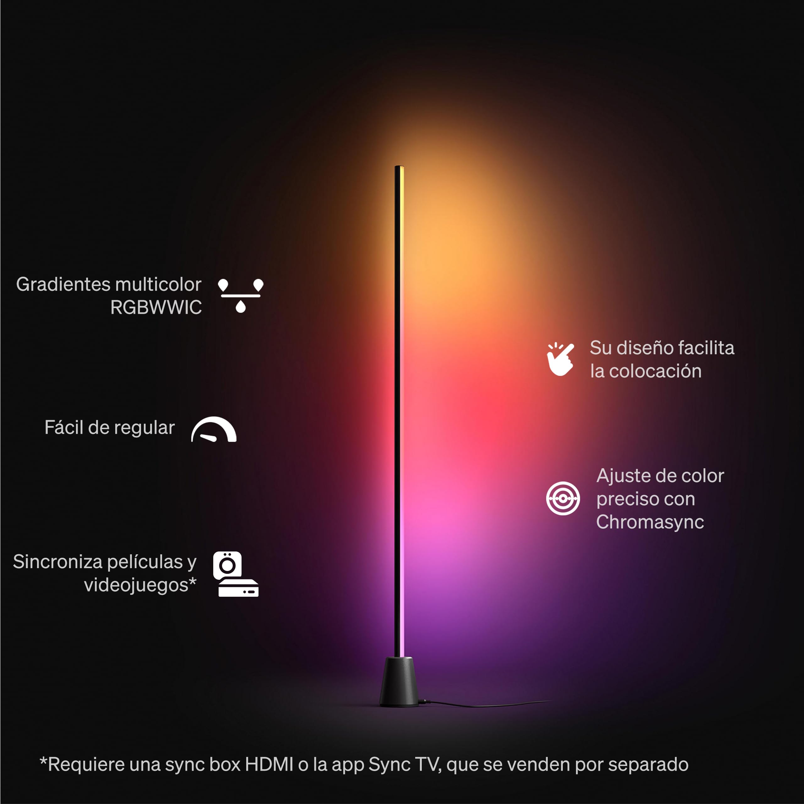 Philips Hue Play Lámpara de Pie, LED RGBWWIC, 122 cm, Tecnología Gradient, Luz Inteligente Regulable, Alexa, Google Home, Apple Home, TV Sync Requiere Hue Bridge y Sync Box (Se Venden Aparte)