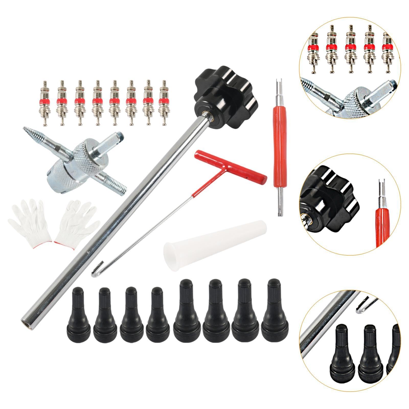 4 Piezas Kit para Reparación de Válvulas de Neumáticos con Instalador de Válvulas Extractor de Núcleos Accesorios Universales Y Resistente Al Desgaste, Negro 22 Piezas