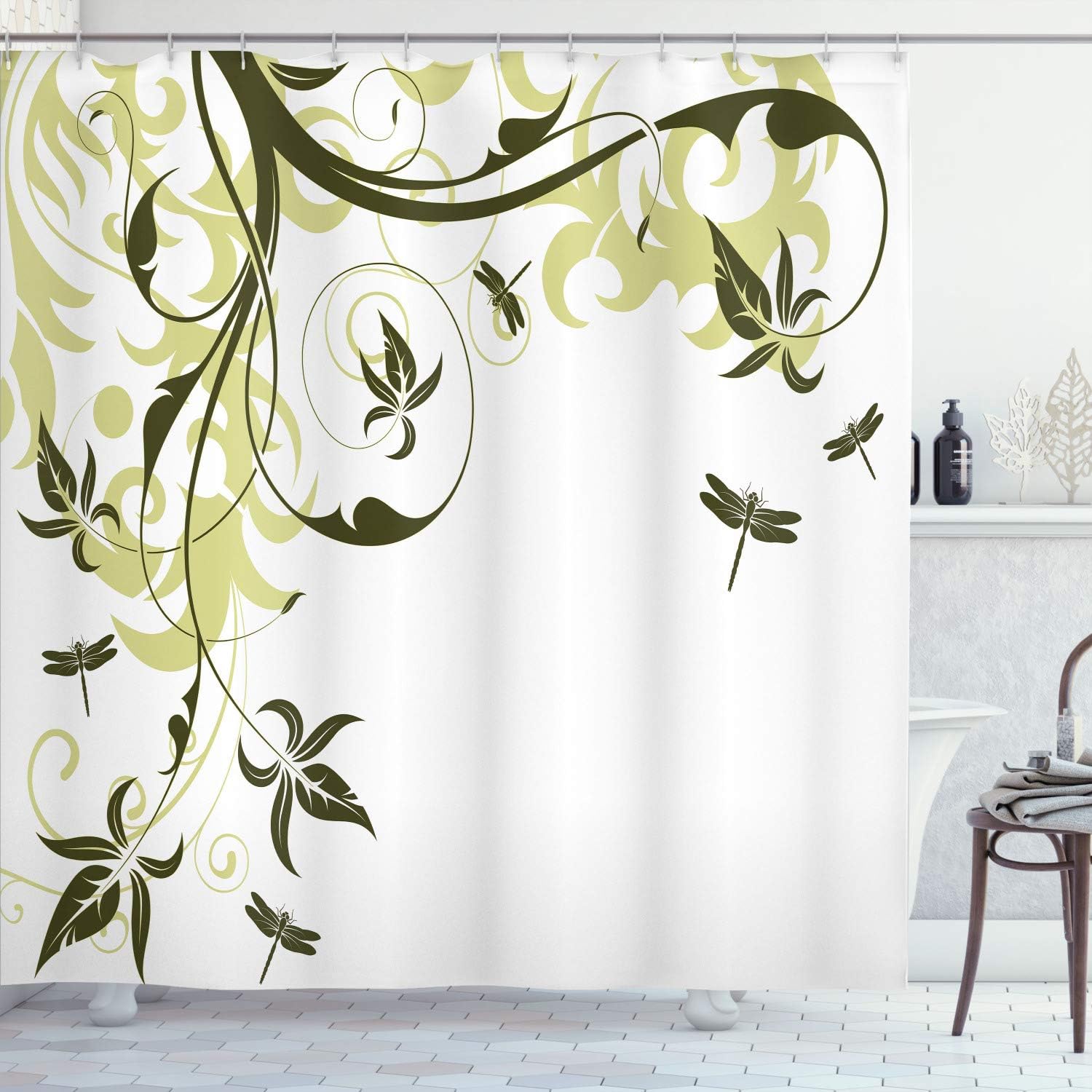 Ambesonne Dragonfly Shower Curtain, Swirled Floral Background Damask Curl Branches and Leaves Print, Cloth Fabric Bathroom Decor Set with Hooks, 70" Long, Olive Green