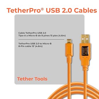 أدوات الربط TetherPro USB 2.0 إلى USB Micro-B 5-Pin Cable | للنقل السريع بين الكاميرا والكمبيوتر | برتقالي عالي الوضوح | 15 قدمًا ( 4.6 م )