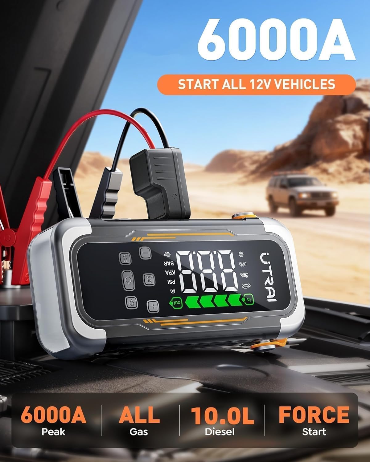 UTRAI Jump Starter with Air Compressor, 6000A Peak Battery Jumper Starter Portable (All Gas & 10.0L Diesel) with 150PSI Tire Inflator & Air Blower, PD 30W Fast Charge, 12V Jump Box Jump Pack