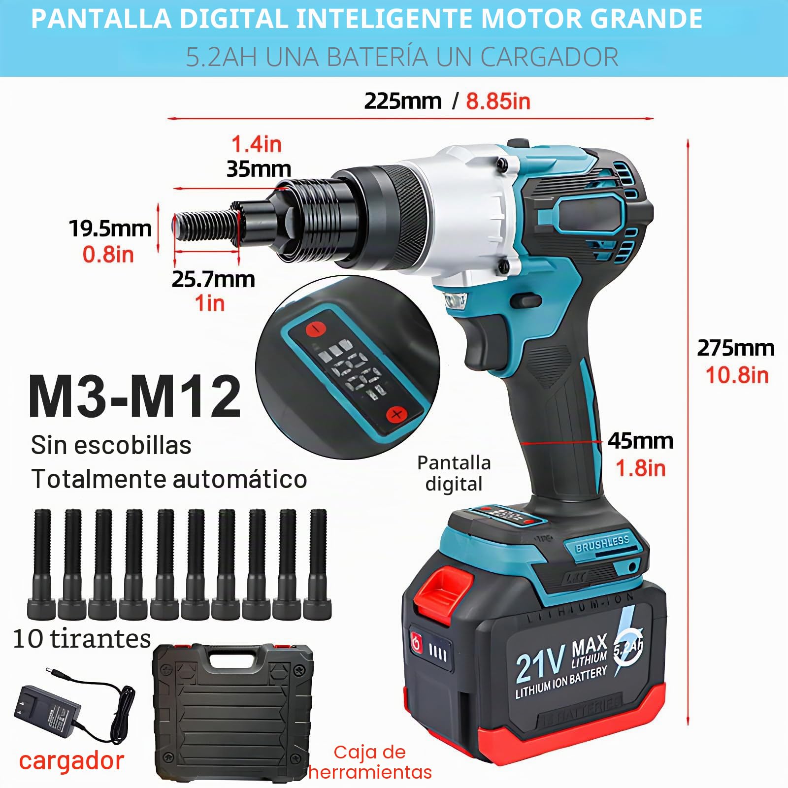 Remachadora inalámbrica portátil y Remachadora de Tuercas, Remachadora eléctrica con batería de 21 V para un Montaje rápido de Tuercas M3, M4, M5, M6, M8, M10 y M12 en Acero.