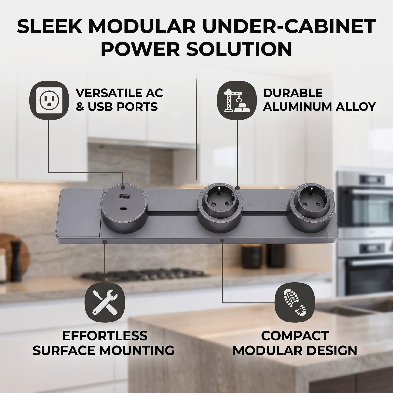 Irfora Multipresa Power Track con Porte USB Design Durevole per Cucina e Ufficio Costruzione in Lega di Alluminio Grigia da 40 Cm