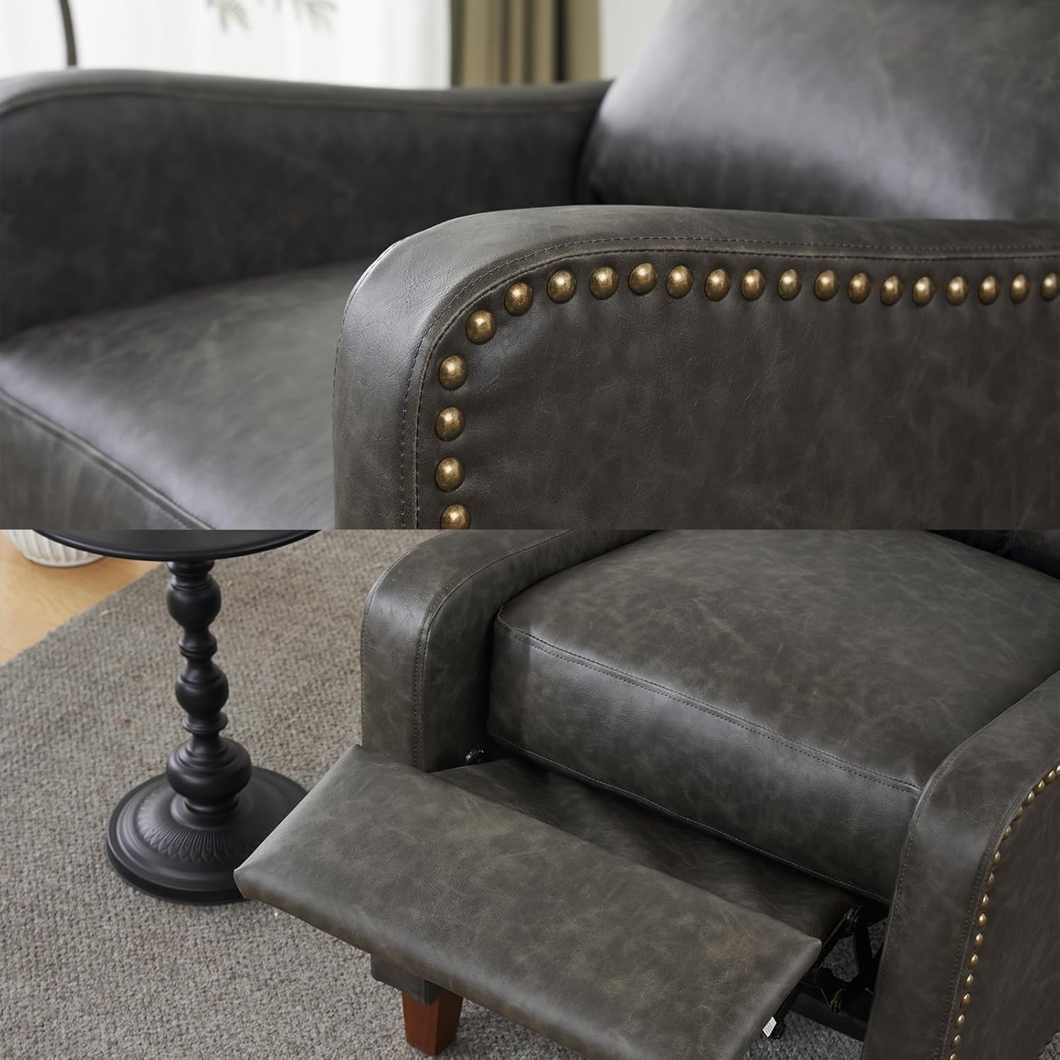 Leather Pushback Recliner Chair, PU Leather Push Back Armchair, Upholstered Recliner Chair 105-135 Degree Adjustable, Retro Accent Chair for Living Room Bedroom - Gray