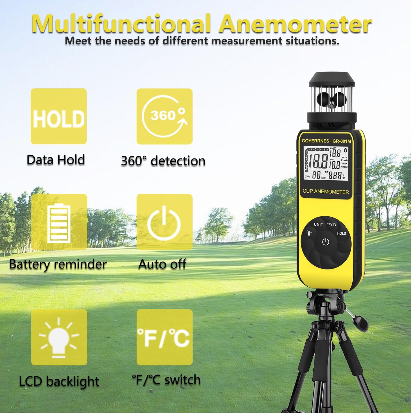 Anemometro digitale portatile con ventola, anemometro portatile, 881 m, misuratore di velocità con bussola