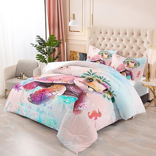 Miniatura 2 de CVHOUSE Juego de edredón Kawaii de tortuga marina, tamaño matrimonial, juego de ropa de cama con temática oceánica para niñas y niños, juego de