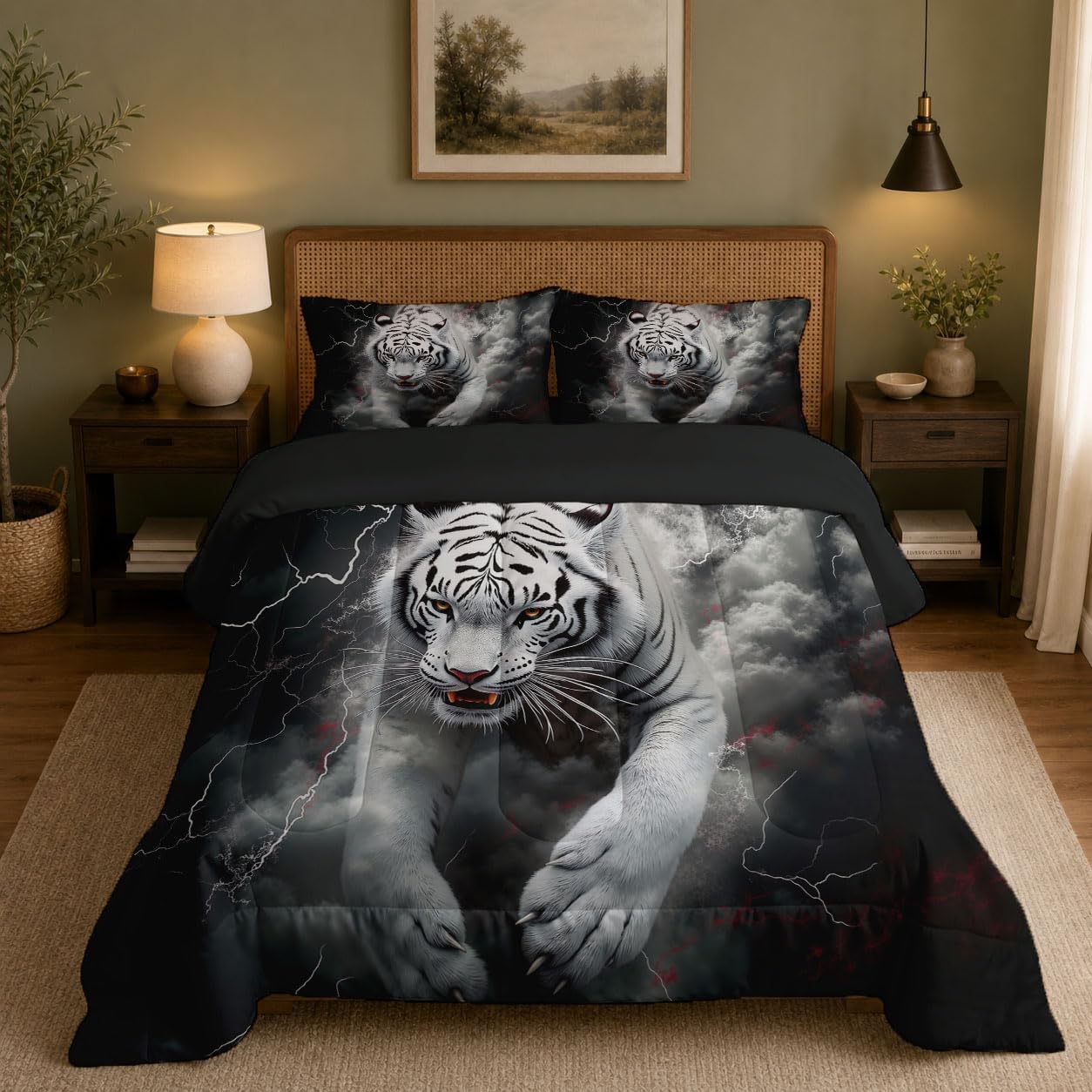 Fantasy Animals Comforter Set King Size, Wild Tiger Bedding Set for Girls Boys, Black and Gray Quilt Bed 104"X90" Bedding Comforter Sets with 2 Pillowcase Room Decor