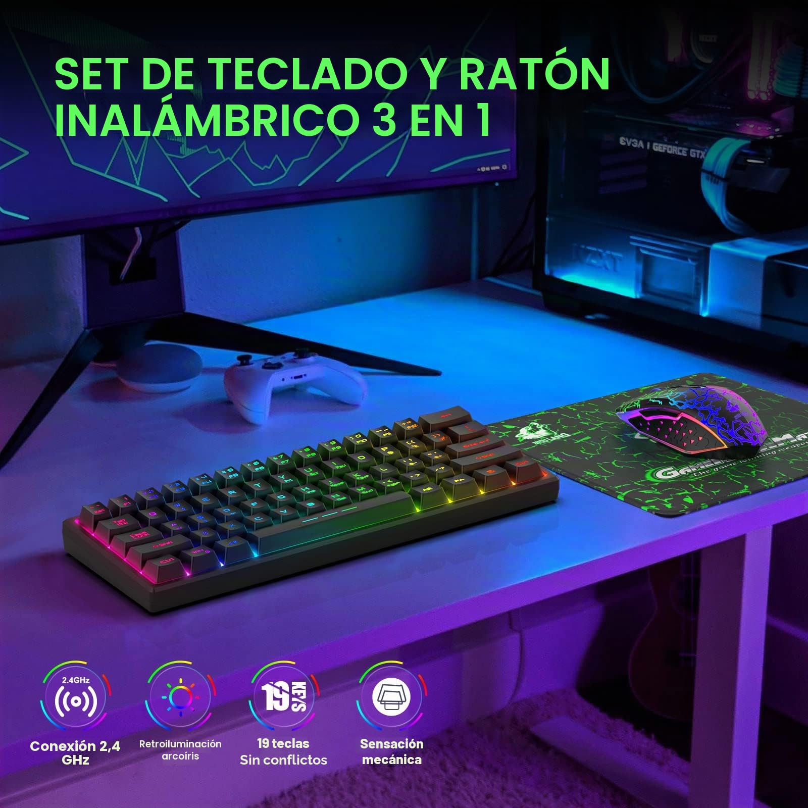 Conjunto de combo de teclado y ratón inalámbrico de 60% conjunto de 2,4 GHz 38000mAh 61 teclas compactas teclado con arco iris led retroiluminado + 2400dpi 6 botones arco iris LED Mouse (Negro)