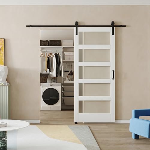 BARNER HOME Puerta corrediza de granero de 42 x 84 pulgadas, MDF, imprimada, 5 paneles de vidrio, necesita montar, con herrajes de 6.6 pies, mango y