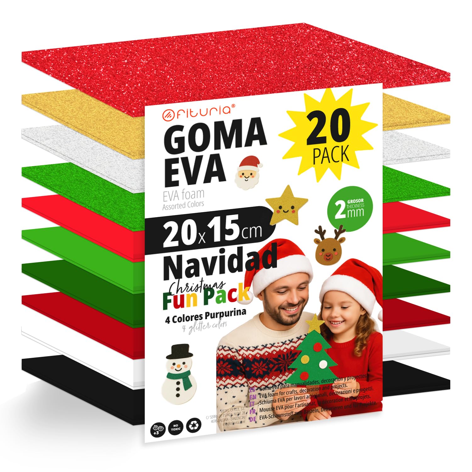 OFITURIA Pack of 20 EVA Rubber Sheets Christmas Colours 20 x 15 cm 10 Assorted Colours for School or Professional Use, EVA Rubber (Christmas Assortment)