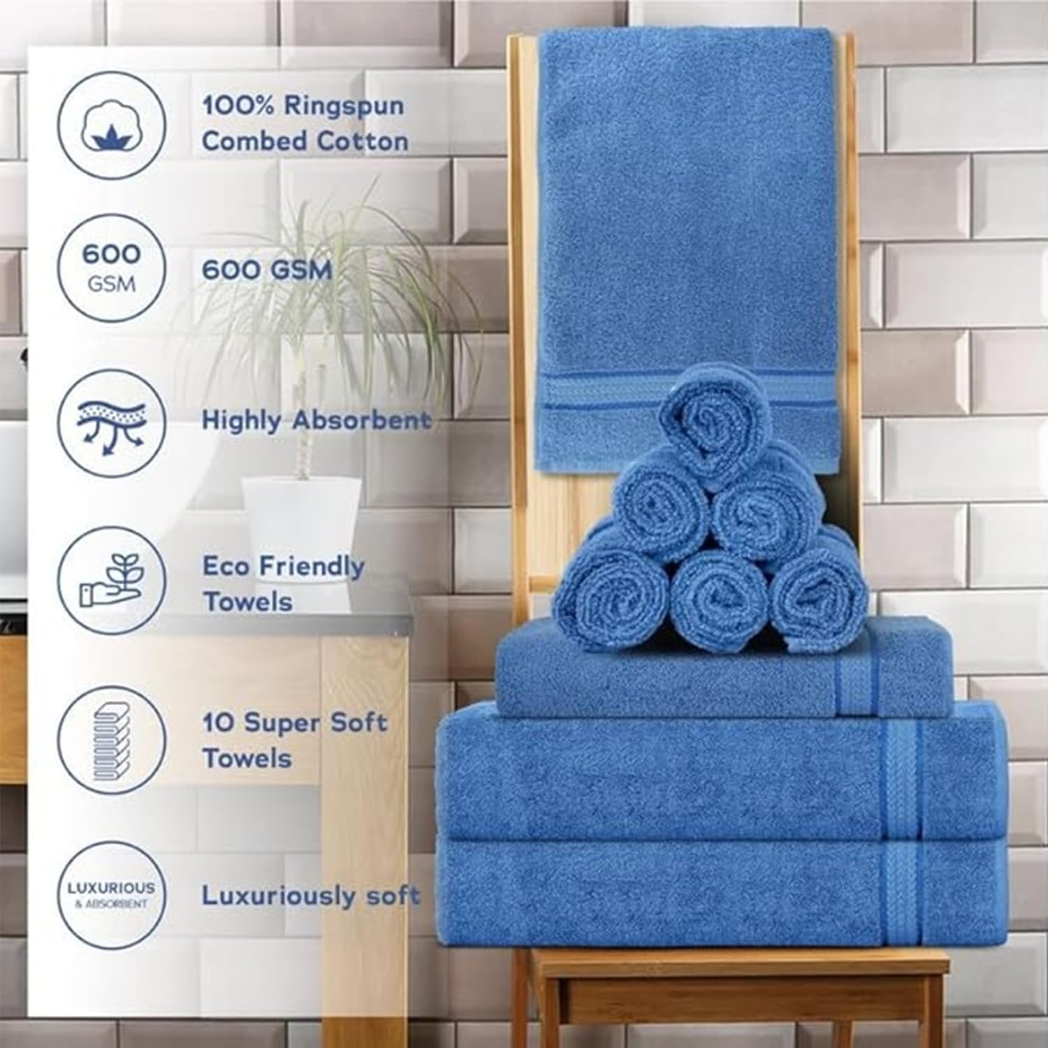 Super Soft 600 GSM Cotton Towels Set by Sweet Needle, Electric Blue, 2 Bath, 2 Hand and 6 Wash/Face, Double Pile - Image 2