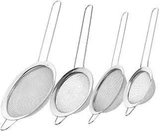 SHOWERORO 4pcs Stainless Steel Fine Mesh Kitchen Strainers Set with Handle, Food Sieve for Tea, Juice, Flour, Sugar, Multi-size (7cm, 8cm, 10cm, 12cm) for Cooking and Baking