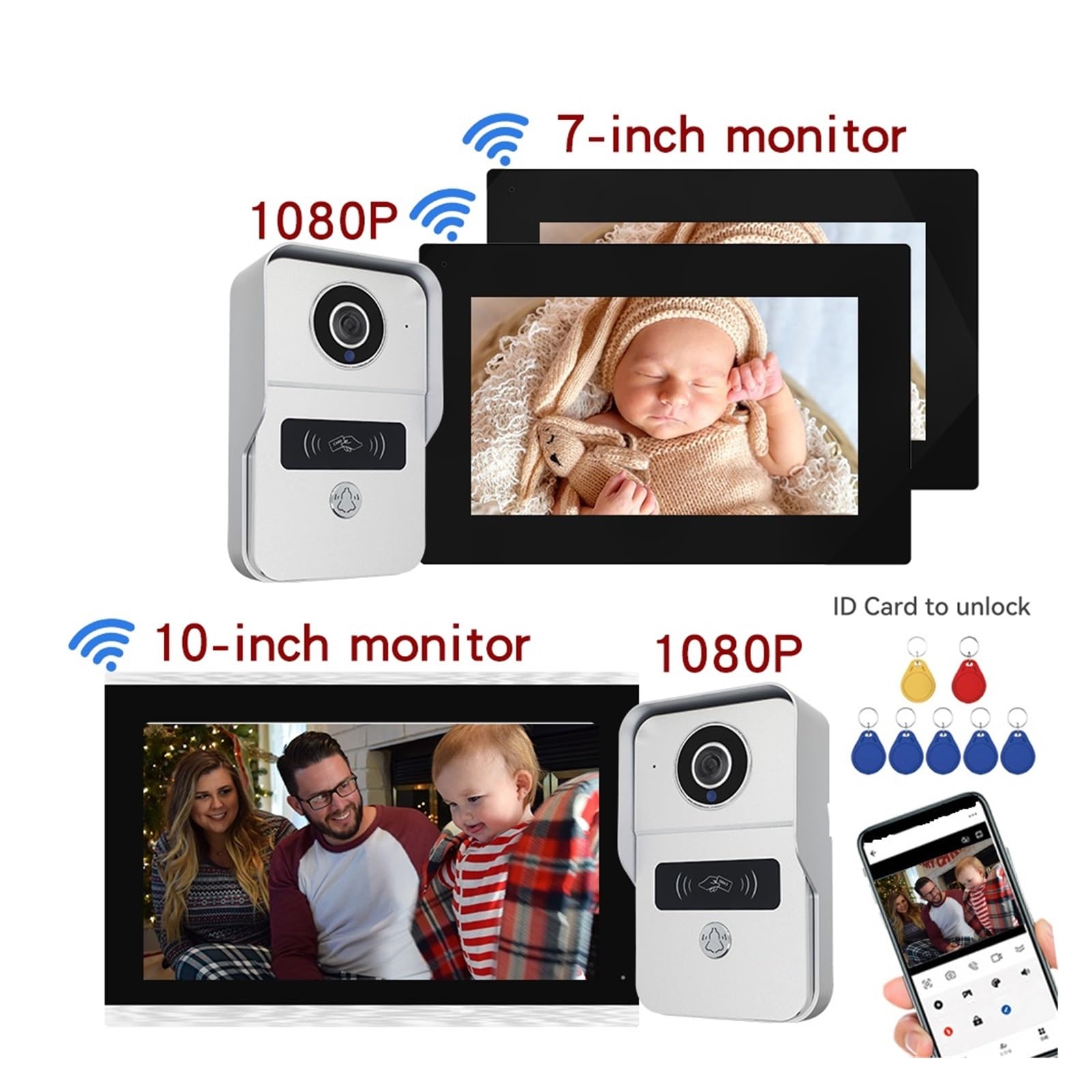 Videoportero Inteligente 1080p 10 Pulgadas 7 Pulgadas Video WiFi Intercomunicador Timbre 140 ° Portero Electrónico con Cámara Wi Fi(7inch-kw02 Add 32G TF Card)