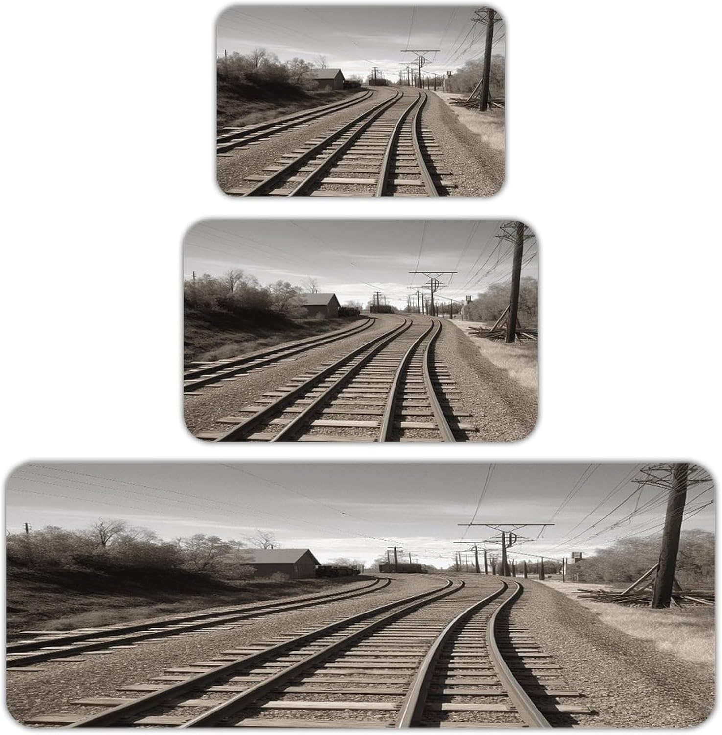 Train Track Kitchen Mat Set of 3 Waterproof Floor Mats Non-Slip Kitchen Rugs Premium Flannel Rug Heavy Duty Standing Mat for Kitchen Home Bathroom Laundry
