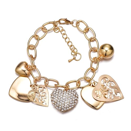 SILANER Gold Chain Link Bracelet - 7"+ 2" Extender 14K Gold Plated Love Locked Bracelets for Women, with Crystal, Love Heart,Key, Lock, Charm Bracelet - Ture Love Charm