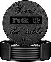 THIPOTEN Funny Leather Coasters 6 Pack with Holder - Black PU Drink Coasters Protect Tables from Spills, Housewarming Gifts