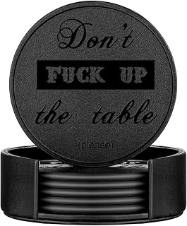 THIPOTEN Funny Leather Coasters 6 Pack with Holder - Black PU Drink Coasters Protect Tables from Spills, Housewarming Gifts